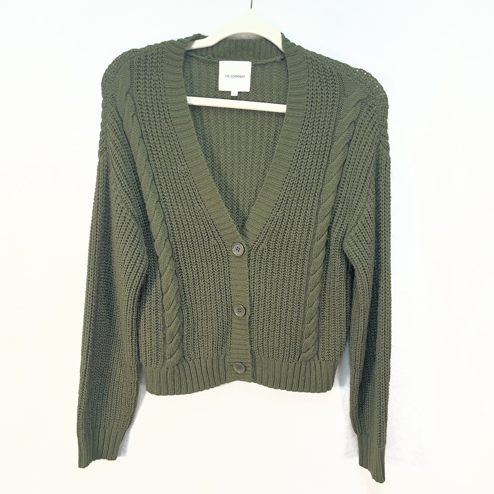 No Comment Open Cableknit Button Front Cardigan Womens Medium Green Fall Chunky